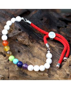Bratara Ajustabila 7 Chakre si Howlite Alb, Snur Rosu