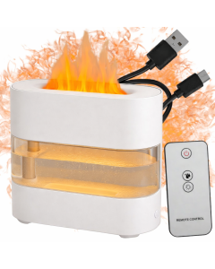 Difuzor Aromaterapie - Aer LED tip Semineu cu Efect Flacara – 300 ml, USB-C, Telecomanda, Alb
