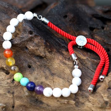 Bratara Ajustabila 7 Chakre si Howlite Alb, Snur Rosu