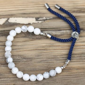 Bratara Ajustabila din Margele de Howlite Alb, Snur Albastru