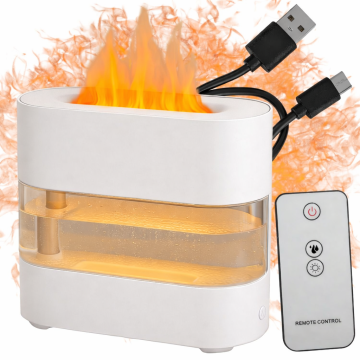 Difuzor Aromaterapie - Aer LED tip Semineu cu Efect Flacara – 300 ml, USB-C, Telecomanda, Alb