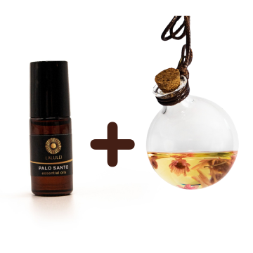 Ulei Esențial de Palo Santo 5 ml, origine Peru + Sticluță Bol Rotund cu Capac de Plută pentru Mașină, by LaLuLei