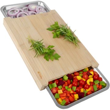 Tocator din Bambus cu 2 Containere Glisante din Inox