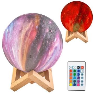 Lampa Luna Multicolor 3D cu Suport din Lemn de Bambus, 15 cm, incarcare USB, 20 Moduri de Lumina