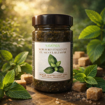 Scrub 100% Natural Revitalizant cu Roinita, Menta Creata si Zahar, Savonia, 350 gr