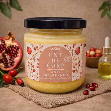 Unt de corp anti-îmbătrânire 100% Natural cu rodie, măceșe și coenzima Q10 – Savonia, 160 g